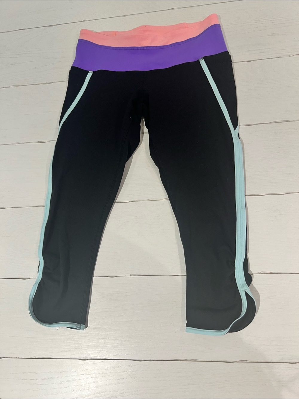 Ivivva Black Capri Leggings with Pink and Purple Waistband and Mint Trim